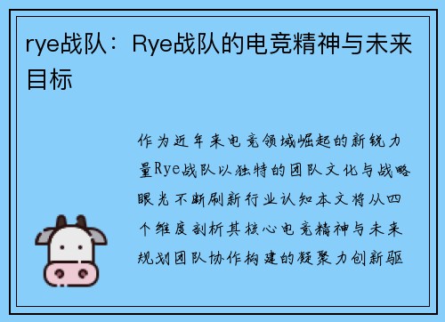 rye战队：Rye战队的电竞精神与未来目标