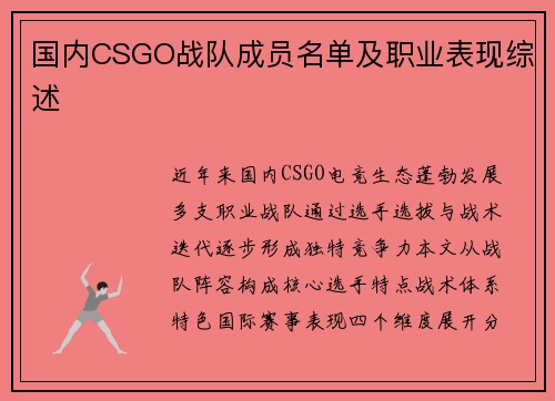 国内CSGO战队成员名单及职业表现综述