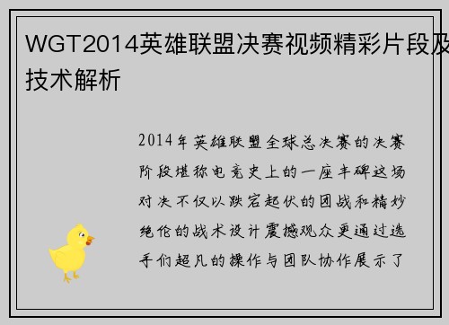 WGT2014英雄联盟决赛视频精彩片段及技术解析