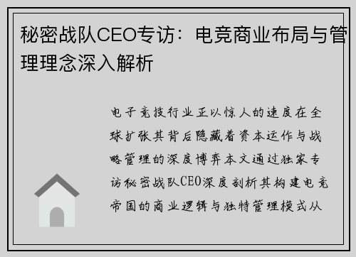 秘密战队CEO专访：电竞商业布局与管理理念深入解析